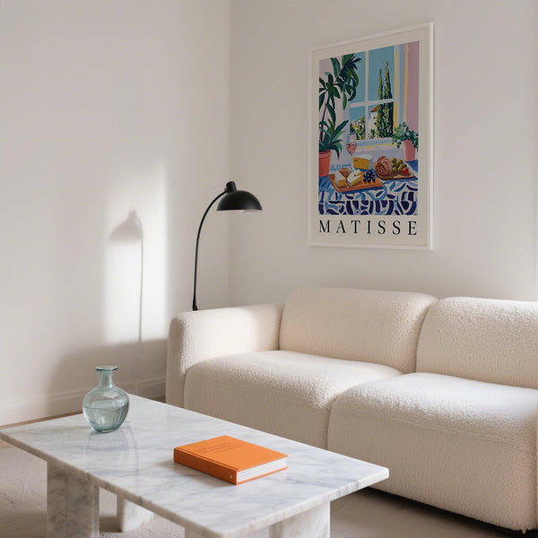 French prints featuring a breakfast spread in a colorful kitchen.