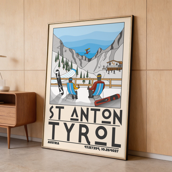 Typography detail on St Anton Tyrol Art Print showing ST ANTON TYROL and Austria text