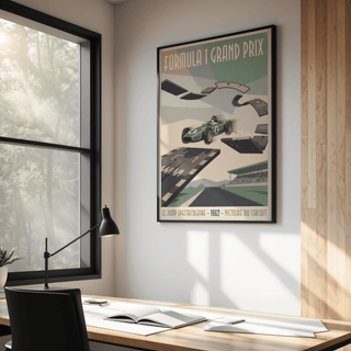 Detail of Formula 1 Vintage Art Print typography reading “Formula 1 Grand Prix” in a retro poster style