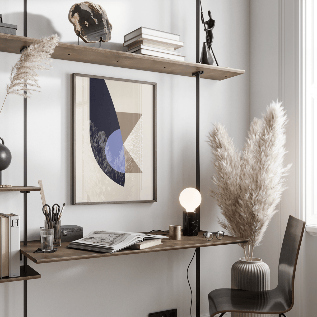 Modern Wall Art Print featuring Blue, Beige, and Brown in hallway setting