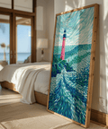 Modern Lighthouse Art, Blue and Green coastal view, for serene home office