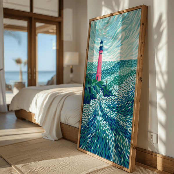 Modern Lighthouse Art, Blue and Green coastal view, for serene home office