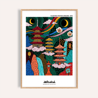 Floating pagodas and crescent moons poster print with dotted cloud patterns