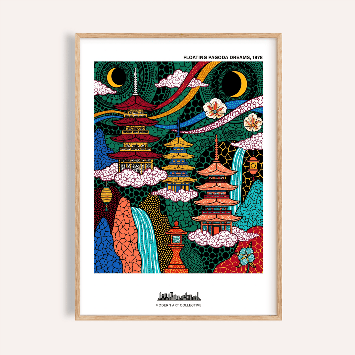 Floating pagodas and crescent moons poster print with dotted cloud patterns