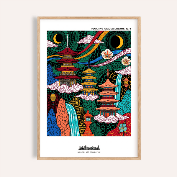Floating pagodas and crescent moons poster print with dotted cloud patterns
