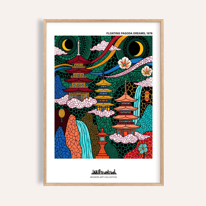 Floating pagodas and crescent moons poster print with dotted cloud patterns