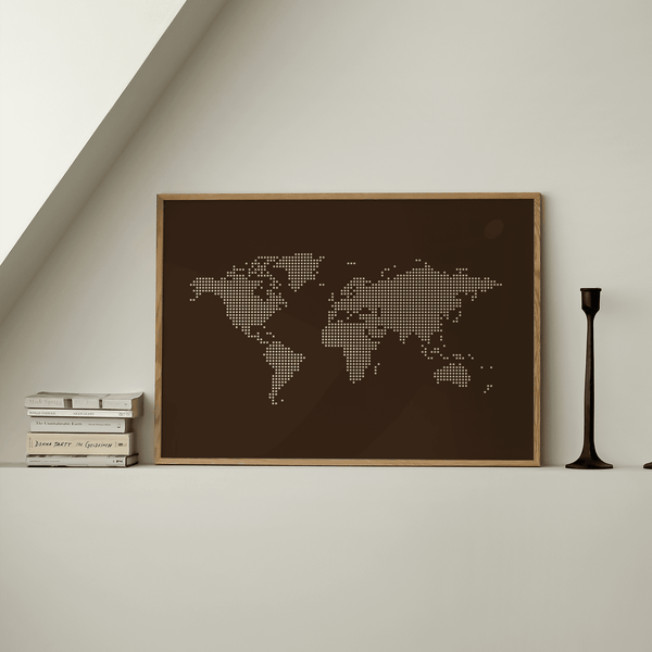 Contemporary World Map Poster for bedroom accent wall in Brown and Beige