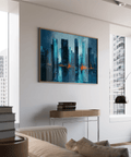 Blue Artwork City canvas with Blue skyline Orange reflection for dining room