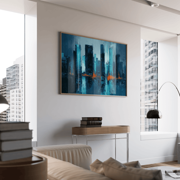 Blue Artwork City canvas with Blue skyline Orange reflection for dining room