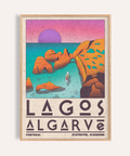 Lagos Algarve Wall Art travel print showing rugged cliffs, calm sea, and setting sun