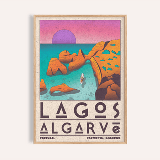 Lagos Algarve Wall Art travel print showing rugged cliffs, calm sea, and setting sun
