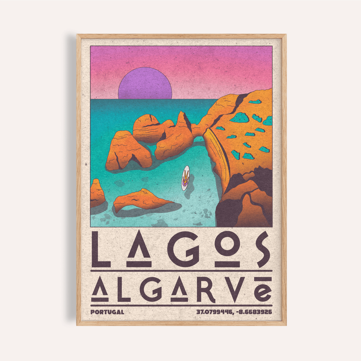 Lagos Algarve Wall Art travel print showing rugged cliffs, calm sea, and setting sun