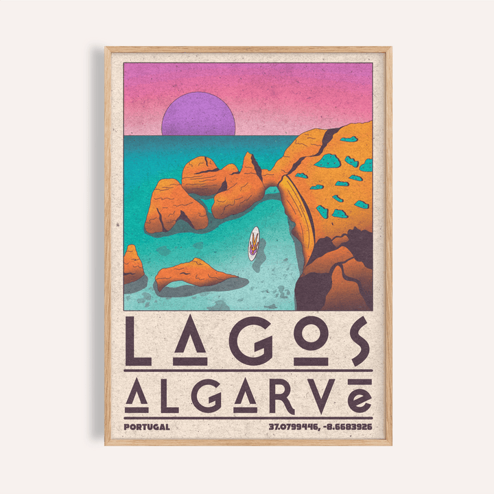 Lagos Algarve Wall Art travel print showing rugged cliffs, calm sea, and setting sun