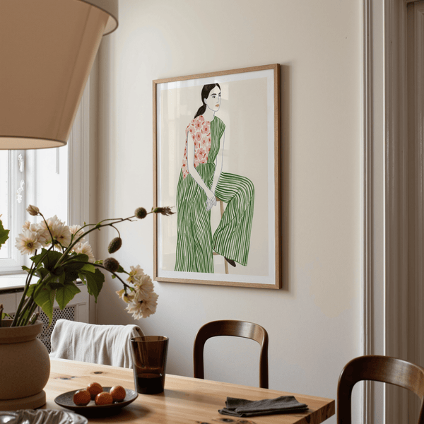 Contemporary fashion poster with calm side-facing gaze and open background