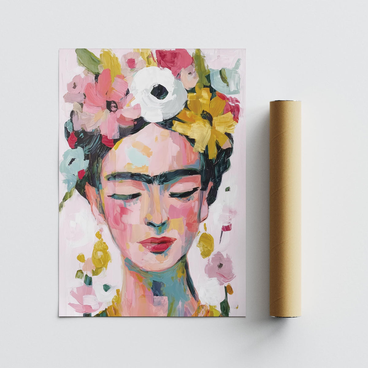 Paintings of Frida Kahlo displayed with other feminine artwork on gallery wall.