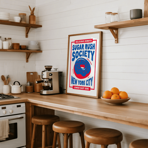 Playful Donut Wall Art in blue and red, perfect for cafe wall art