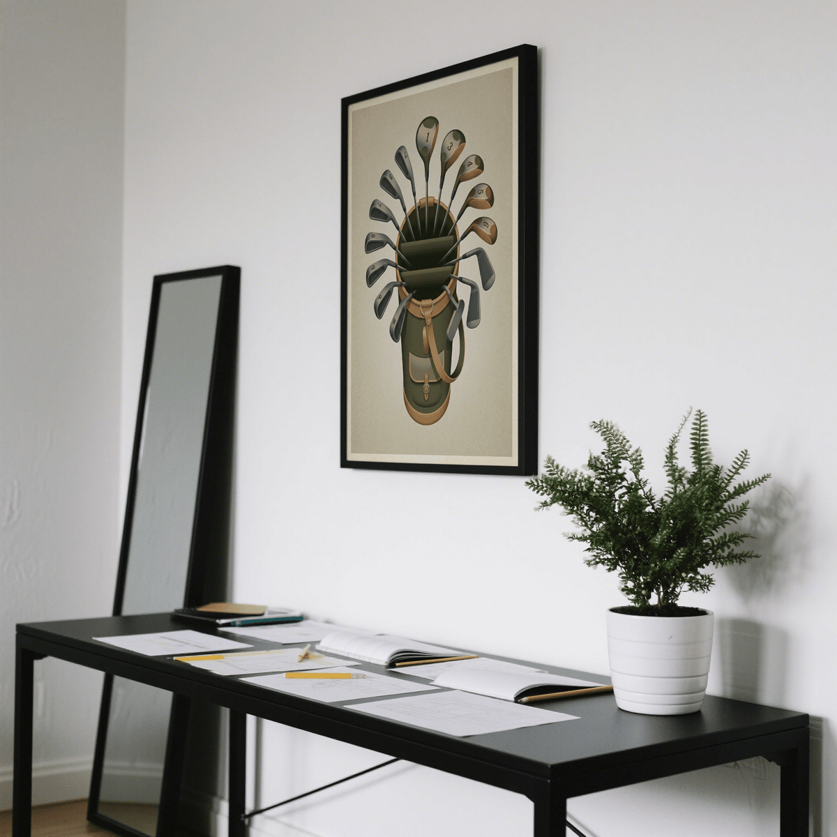 Detailed wall art print of a golf bag with buckles and clubs spread evenly around the opening