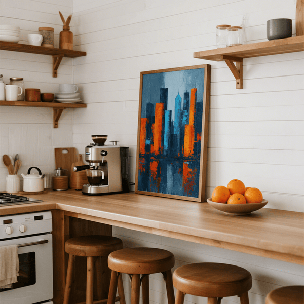 Bold Abstract City Poster with urban theme in orange tones for home office