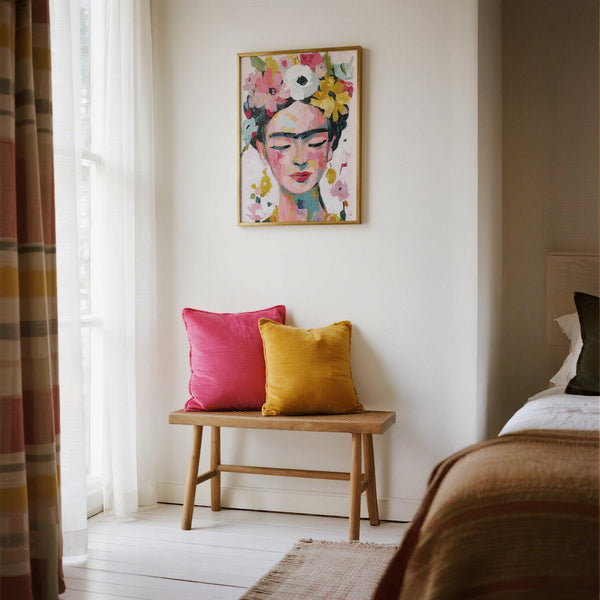 Feminine and delicate paintings of Frida Kahlo art print with closed eyes.