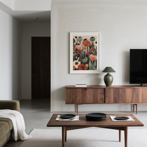 Colorful garden scene in floral print wall art with playful patterning