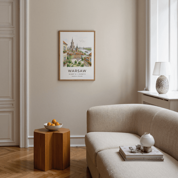 Watercolor-style cityscape print showing Warsaw tower, church spire, and bridge