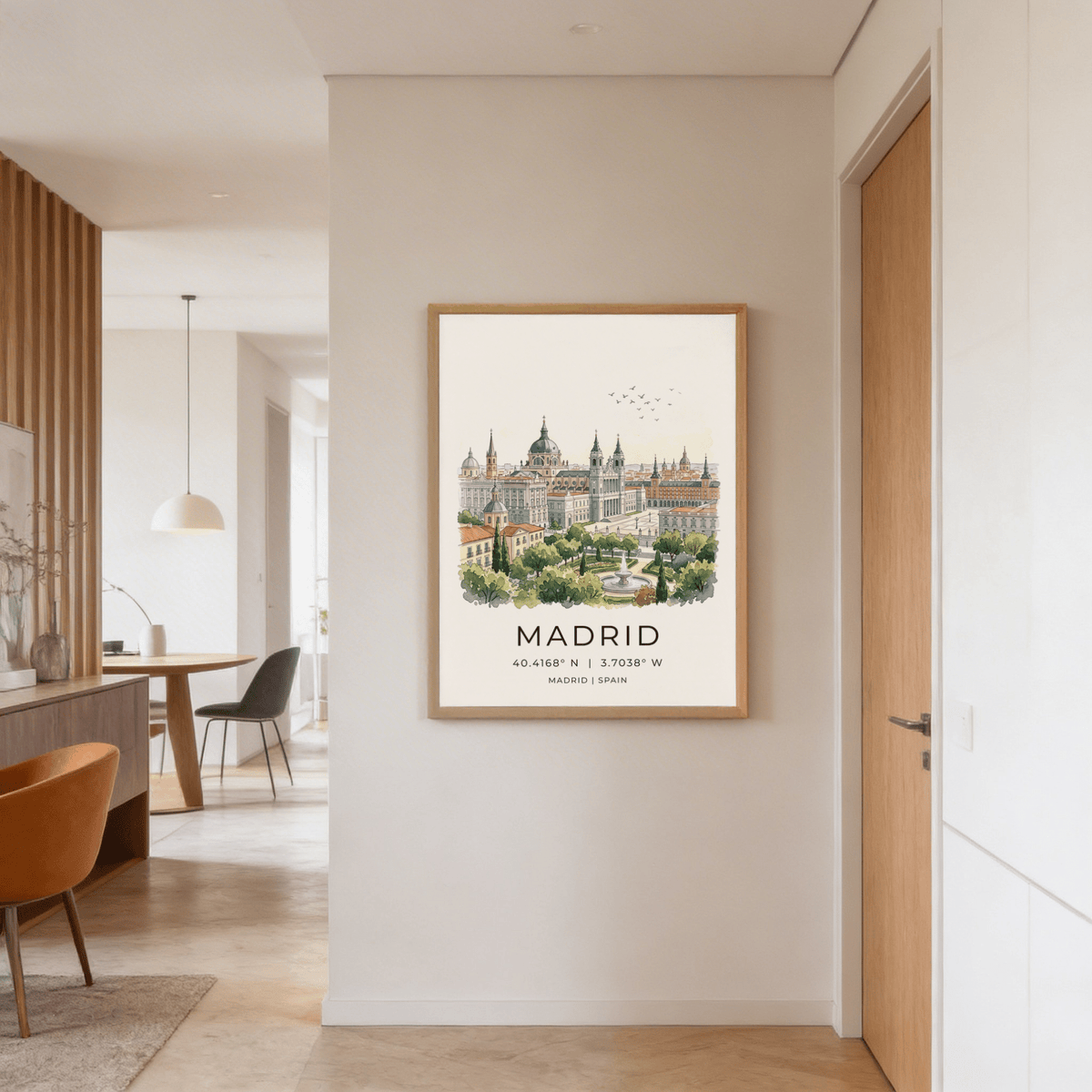 Hand-drawn Madrid Cityscape Art Print wall art with domed rooftops, plaza details, and coordinate text