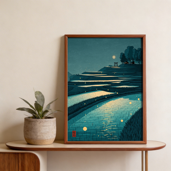 Illustrated rice field poster with repeating terrace bands and wide sky negative space