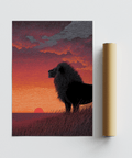 Bold black lion profile standing over horizon with warm glow