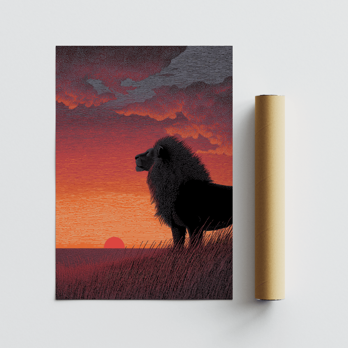Bold black lion profile standing over horizon with warm glow