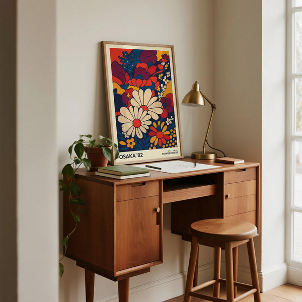 Graphic floral retro wall art prints in red, yellow, and cream tones