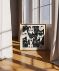 Japandi wall art featuring playful black and white cats.