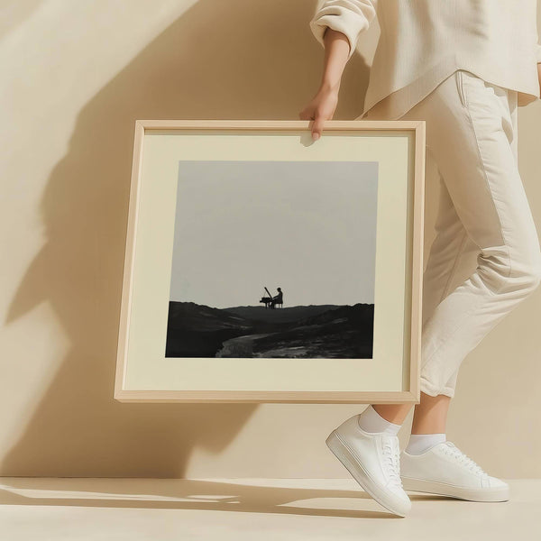 Lonely pianist in dramatic piano abstract art dreamscape