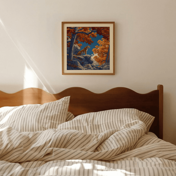 Side angle Hasui Kawase tiger art print print with tiger seated on cliff and open sky behind