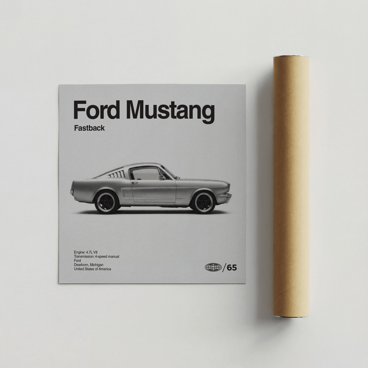 Minimalist Ford Mustang Art Print in Black and White for hallway poster