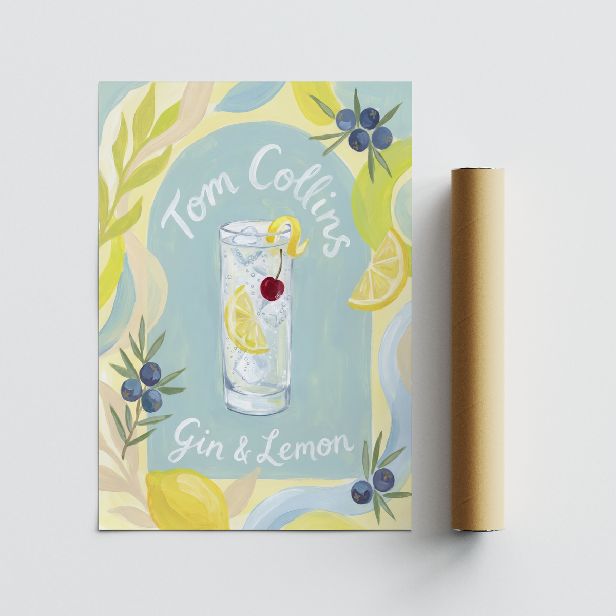 Soft brush-style cocktail print with tall glass motif and surrounding leaves and citrus