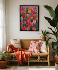Colorful Mexican Village Painting poster with tropical plants.