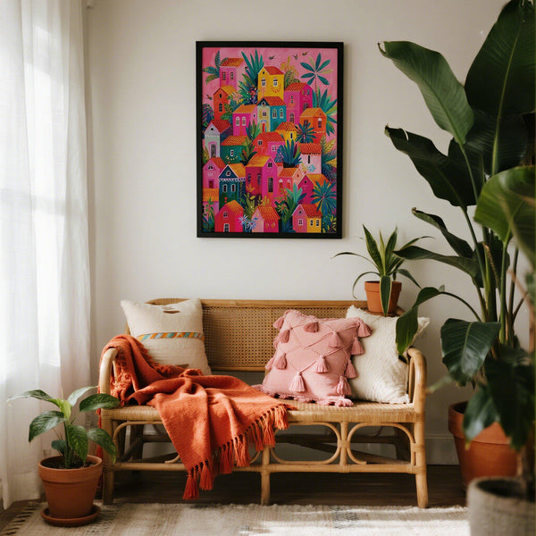 Colorful Mexican Village Painting poster with tropical plants.