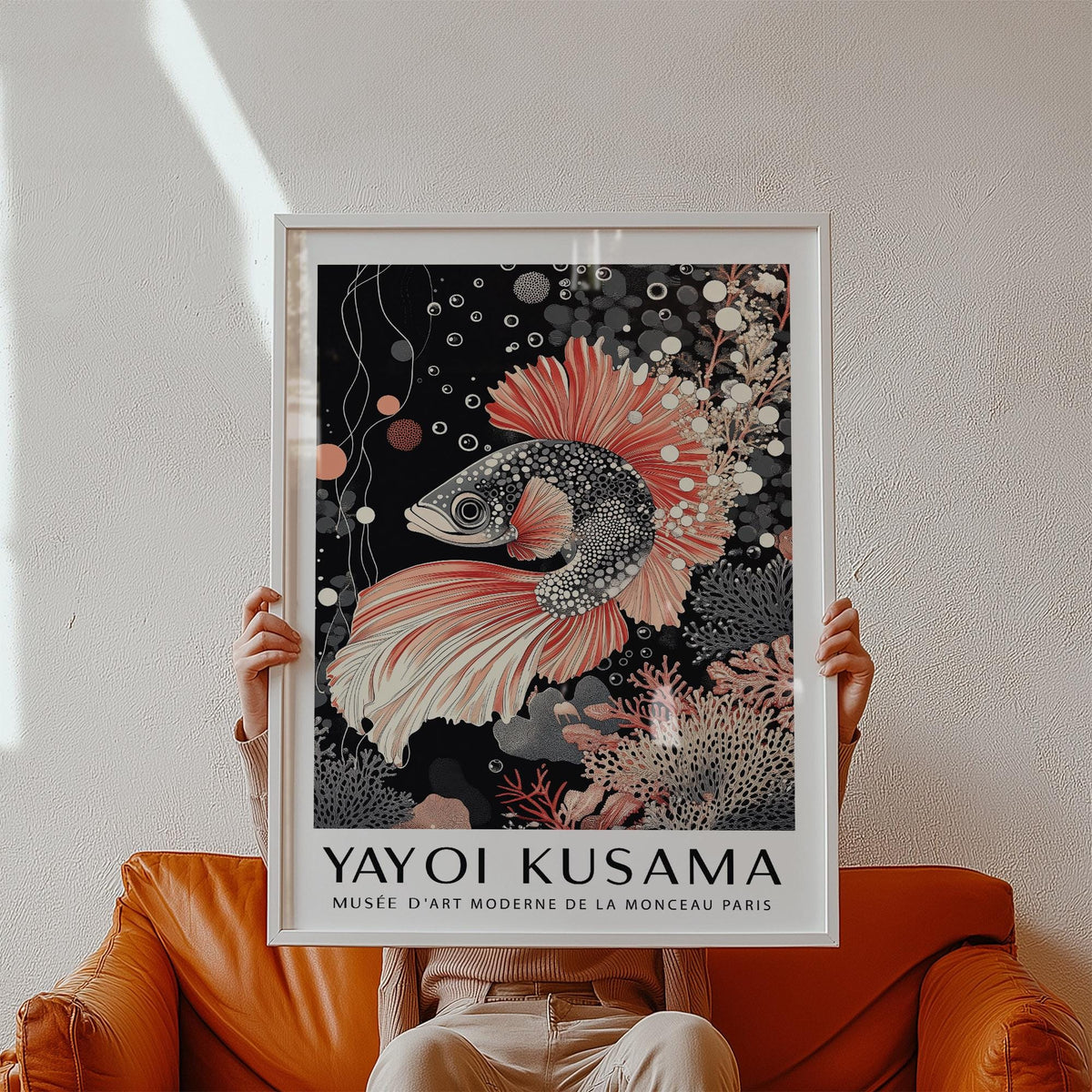 Oriental Asian wall art featuring black background and soft coral elements