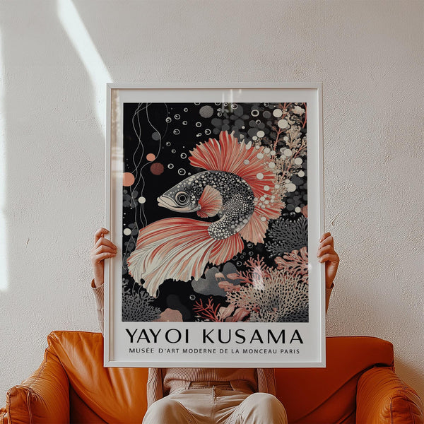 Oriental Asian wall art featuring black background and soft coral elements