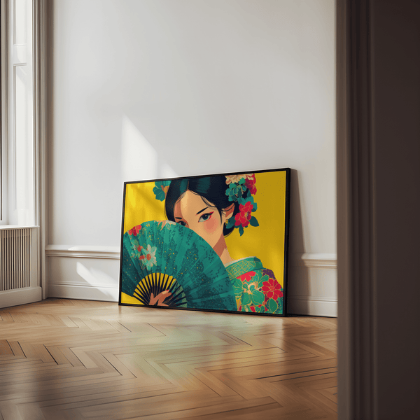 Japanese Geisha Wall Art showcasing yellow and green for dining room decor