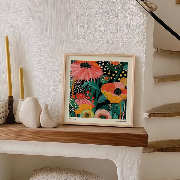 Captivating abstract floral wall hanging with vibrant shapes and colours