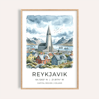 Reykjavik Watercolor Art Print featuring Hallgrímskirkja tower, harbor boats, and mountain backdrop
