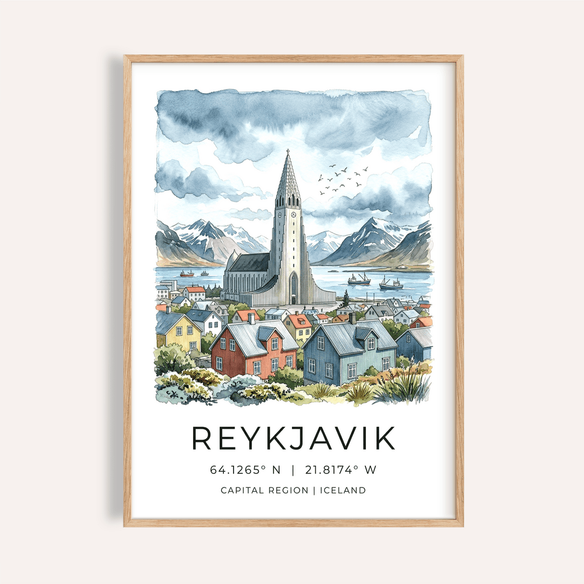 Reykjavik Watercolor Art Print featuring Hallgrímskirkja tower, harbor boats, and mountain backdrop