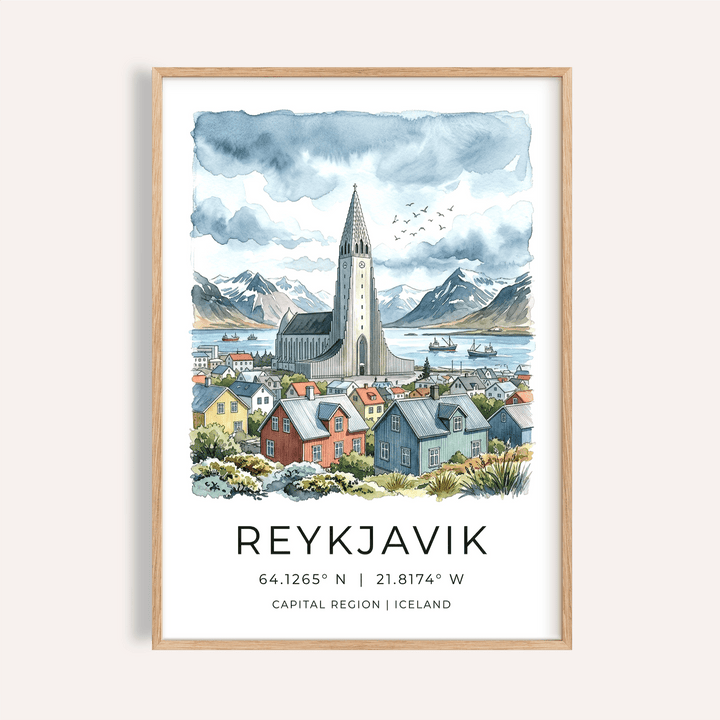 Reykjavik Watercolor Art Print featuring Hallgrímskirkja tower, harbor boats, and mountain backdrop