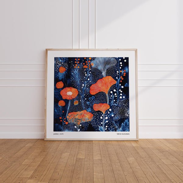 Japanese-style Abstract Flower Art with modern orange and blue contrast