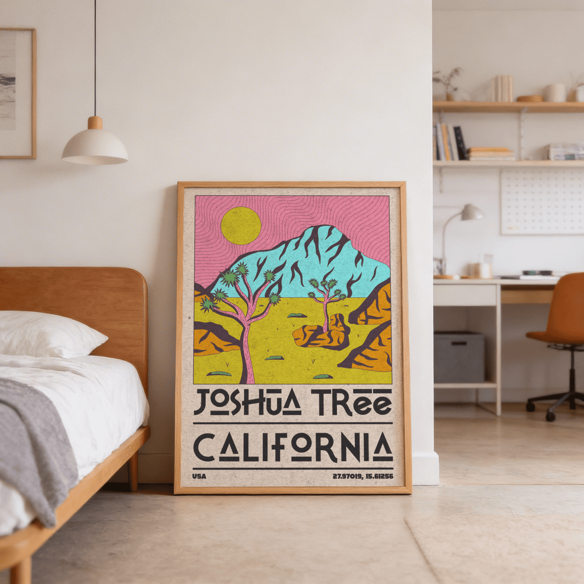 Minimal desert illustration featuring branching Joshua trees and circular sun