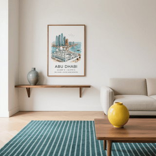 Waterfront cityscape print with small boat and sandy shoreline