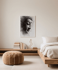 Contemporary Black and White Buddha Print, living room, white wall poster