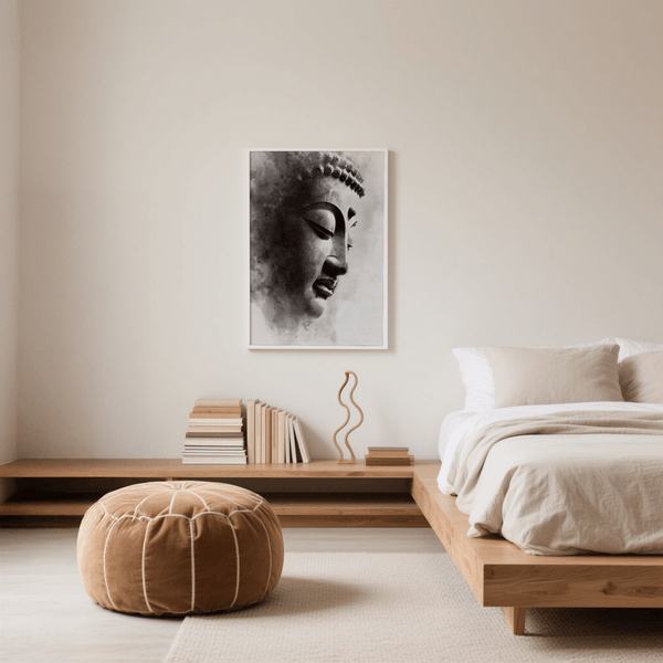 Contemporary Black and White Buddha Print, living room, white wall poster