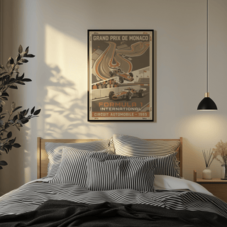 Vintage Car Racing Wall Art in Red, Beige, Gray with Formula 1 International title and crowd stands